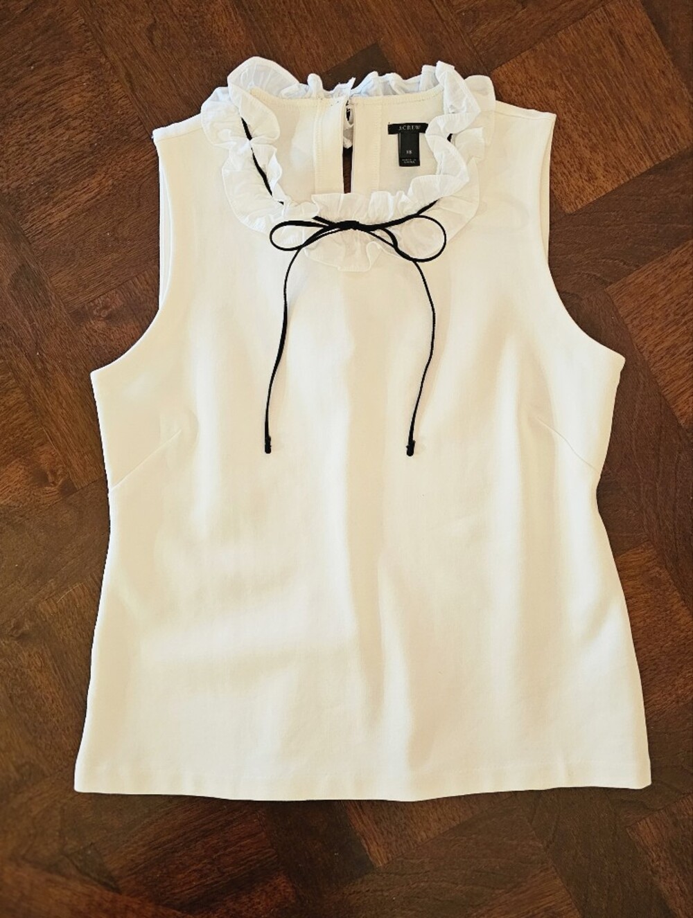 J Crew Women's White Sleeveless Ruffle Neck Top with Black Tie XS